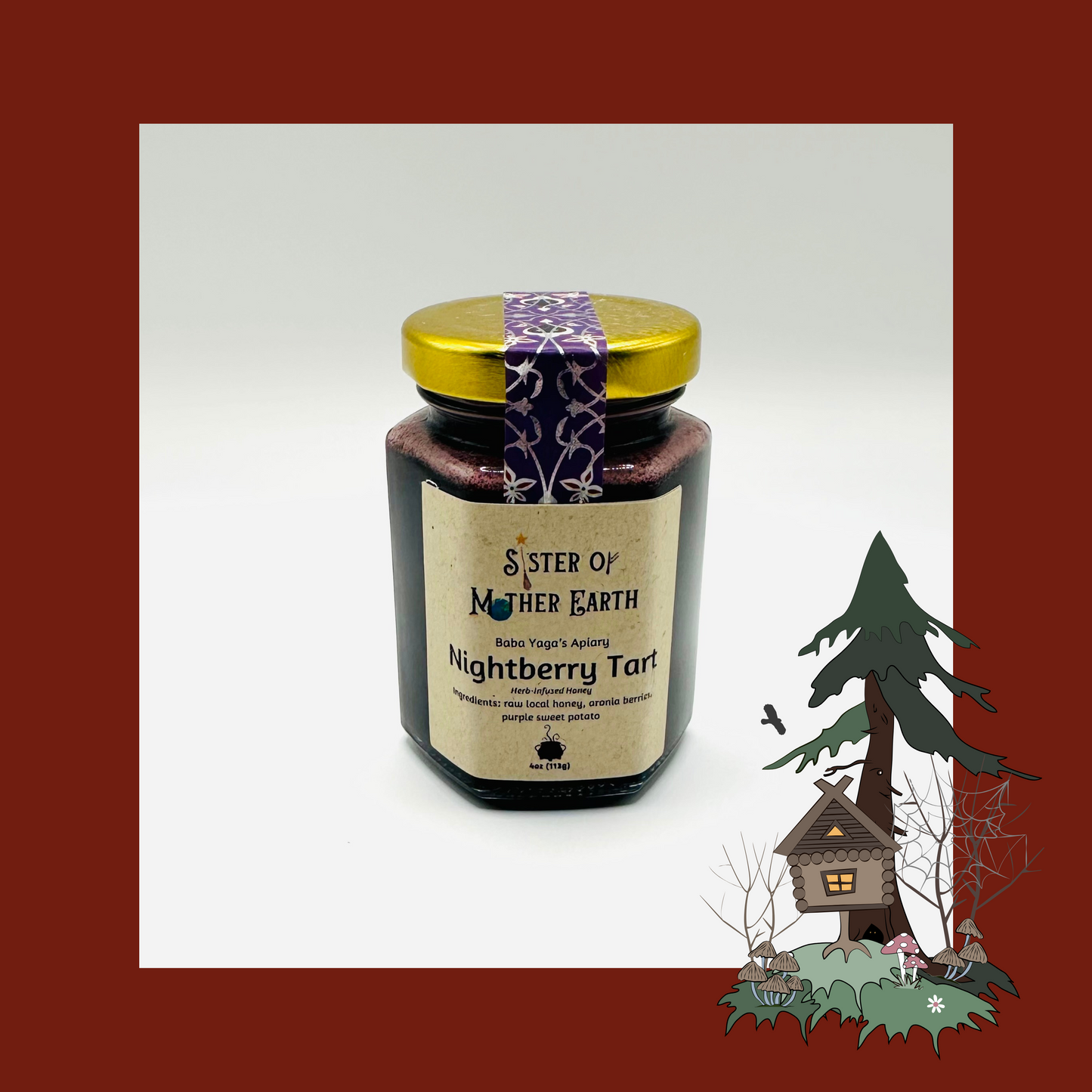 A hexagon jar of Sister of Mother Earth Nighthberry Tart Infused Honey with gold lid on a white background.