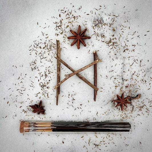 A glass tube of Sister of Mother Earth Danu's Table incense rests in the snow. Above it are three star anise pods and scattered thyme leaves surrounding a set of twigs in the shape of the rune Mannaz or Dagaz.