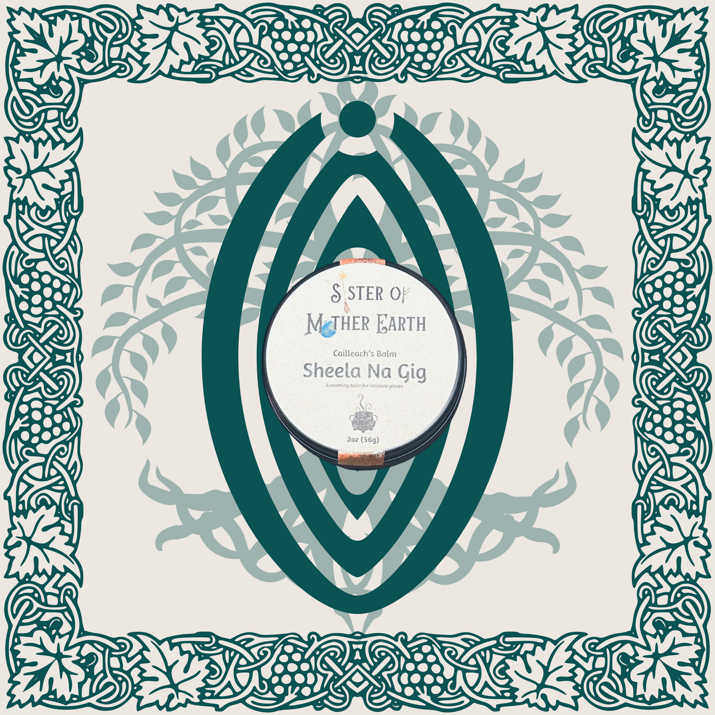 A tin of Sister of Mother Earth Sheela Na Gig Intimate Salve superimposed over a neutral background with green vine and tree ornamentation and a yonic symbol.