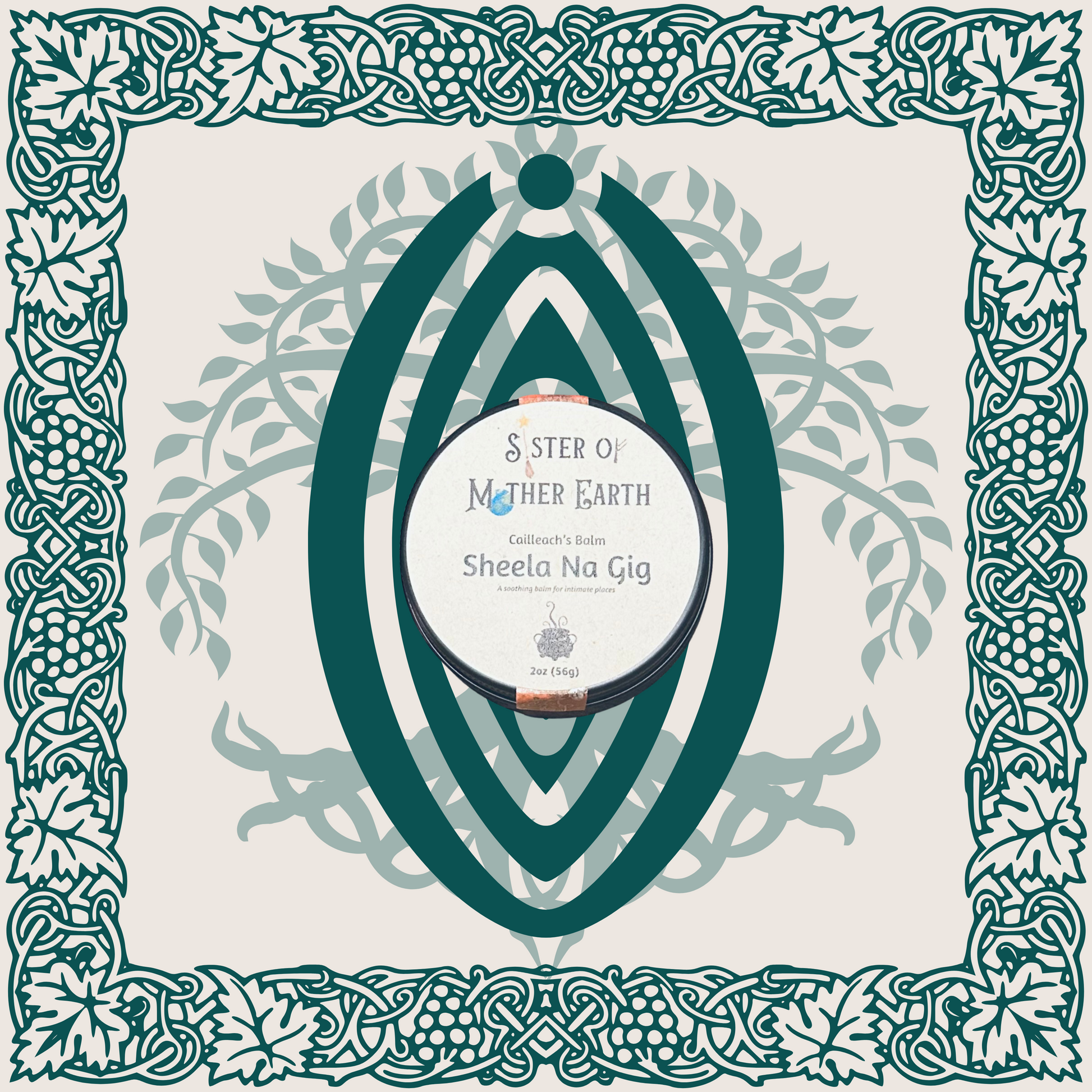 A tin of Sister of Mother Earth Sheela Na Gig Intimate Salve superimposed over a neutral background with green vine and tree ornamentation and a yonic symbol.