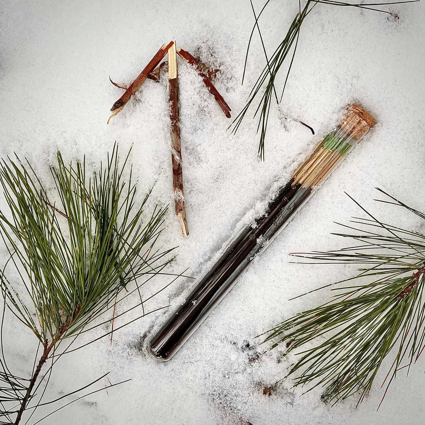 A glass tube of Sister of Mother Earth Spruce Tips incense rests in the snow. Surrounding it are pine branches and a set of twigs in the shape of the rune Tiwaz.
